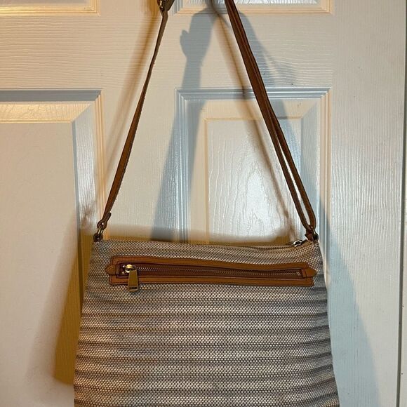 Fossil kinley Cotton stripes beige and taupe leather tan trims crossbody bag. - Picture 6 of 13